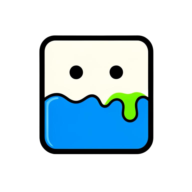 Brim mascot: a rounded square filled to the brim with blue liquid and dripping green slime